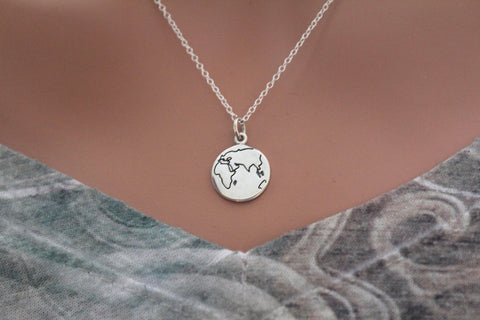 Sterling Silver Etched Globe Charm Necklace, Sterling Silver Etched World Charm Necklace, Traveler of the World Charm Necklace, Travel Charm