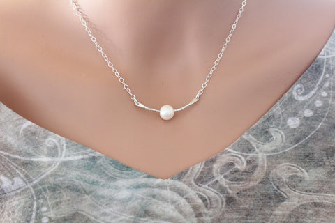 Sterling Silver Pearl Hammered Connector Necklace, Pearl Necklace, Hammered Festoon with Pearl Necklace, Hammered Connector with Pearl