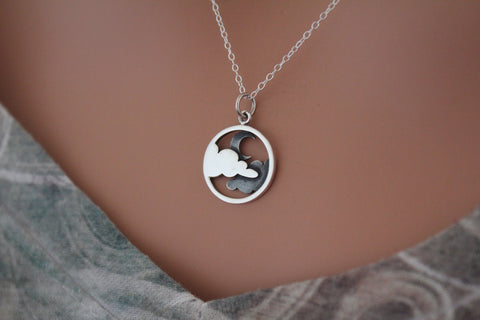 Sterling Silver Moon and Cloud Pendant Necklace, Cloudy Night Sky Charm Necklace, Crescent Moon Pendant Necklace, Moon and Cloud Necklace