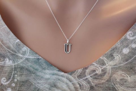 Sterling Silver Uppercase U Initial Charm Necklace, Oxidized Sterling Silver Uppercase U Letter Necklace, Uppercase U Necklace, Uppercase U