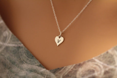 Sterling Silver V Letter Heart Necklace, Silver Tiny Stamped V Initial Heart Necklace, Stamped V Letter Charm Necklace, V Initial Necklace