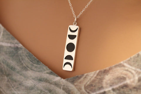 Sterling Silver Moon Phase Pendant Necklace With Black Wood, Moon Phase Pendant Necklace, Moon Charm Necklace, Silver Moon Necklace