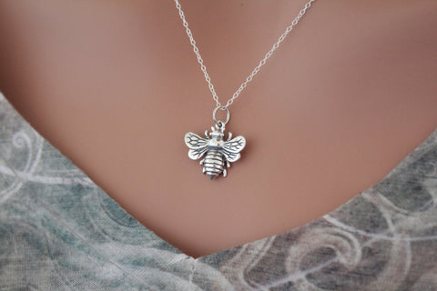 Sterling Silver Bumble Bee Pendant Necklace, Honeybee Pendant Necklace, Bee Necklace, Realistic Bee Charm Necklace, Bee Necklace