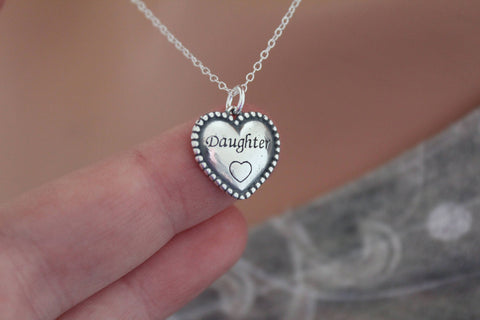 Sterling Silver Daughter Heart Necklace with Antique Finish, Daughter Heart Necklace with Antique Finish, Daughter of the Bride Necklace