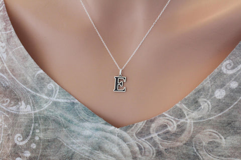 Sterling Silver Uppercase E Initial Charm Necklace, Oxidized Sterling Silver Uppercase E Letter Necklace, Uppercase E Necklace, Uppercase E