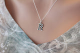 Sterling Silver Uppercase R Initial Charm Necklace, Oxidized Sterling Silver Uppercase R Letter Necklace, Uppercase R Necklace, Uppercase R