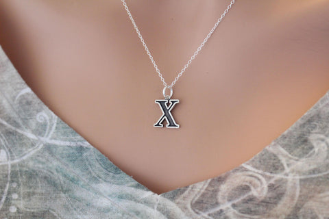 Sterling Silver Uppercase X Initial Charm Necklace, Oxidized Sterling Silver Uppercase X Letter Necklace, Uppercase X Necklace, Uppercase X