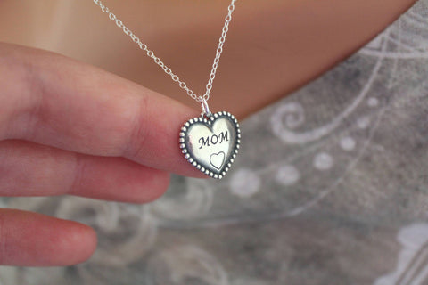 Sterling Silver Mom Heart Necklace with Antique Finish, Mom Heart Necklace with Antique Finish, Mom Wedding Necklace, Mom Heart Necklace