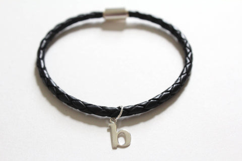 Leather Bracelet with Sterling Silver Typewriter B Letter Charm, Bracelet with Silver Letter B Pendant, Initial B Charm Bracelet, B Bracelet