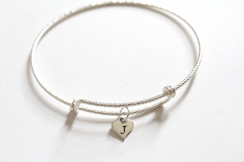 Sterling Silver Bracelet with Sterling Silver J Letter Heart Charm, Silver Tiny Stamped J Initial Heart Charm Bracelet, J Charm Bracelet