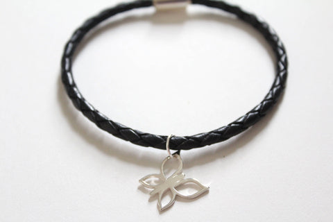 Leather Bracelet with Sterling Silver Butterfly Charm, Butterfly Bracelet, Butterfly Charm Bracelet, Butterfly Pendant Bracelet, Butterfly