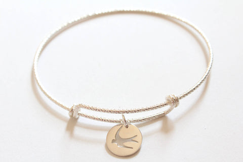 Sterling Silver Bracelet with Sterling Silver Swallow Charm, Swallow Bird Bracelet, Swallow Bracelet, Swallow Cutout Charm Bracelet, Bird
