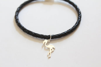 Leather Bracelet with Sterling Silver Flamingo Charm, Flamingo Charm Bracelet, Flamingo Bracelet, Silver Flamingo Bracelet, Flamingo Pendant