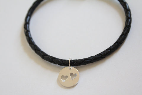 Leather Bracelet with Sterling Silver Disk with Two Heart Cutouts Charm, Heart Disk Charm Bracelet, Heart Bracelet, Circle with Hearts