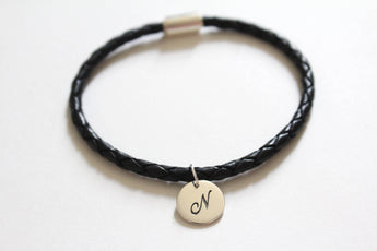 Leather Bracelet with Sterling Silver Cursive N Letter Charm, Bracelet with Silver Letter N Pendant, Initial N Charm Bracelet, N Bracelet