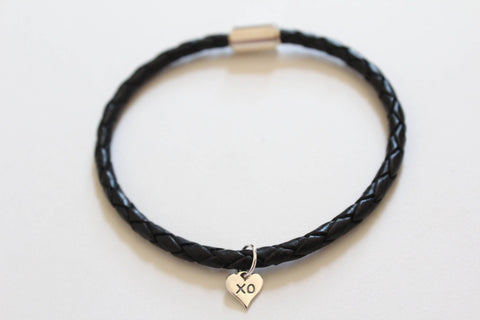 Leather Bracelet with Sterling Silver XO Charm, XO Heart Charm Bracelet, XO Bracelet, Hugs and Kisses Bracelet, Hugs and Kisses Charm