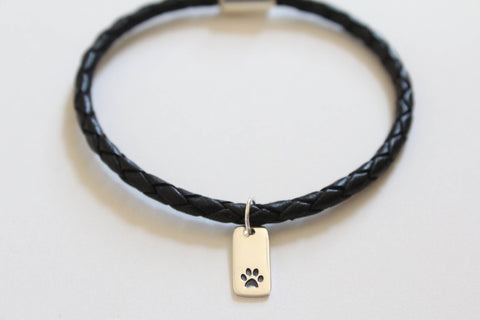 Leather Bracelet with Sterling Silver Paw Print Charm, Paw Print Bracelet, Paw Print Rectangle Charm Bracelet, Paw Print Pendant Bracelet