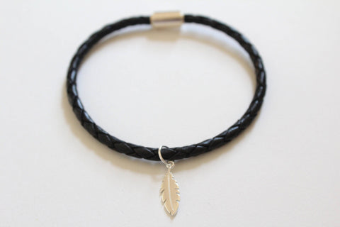 Leather Bracelet with Sterling Silver Feather Charm, Feather Bracelet, Feather Charm Bracelet, Feather Pendant Bracelet, Bird Feather Charm