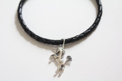 Leather Bracelet with Sterling Silver Unicorn Charm, Unicorn Charm Bracelet, Unicorn Bracelet, Unicorn Pendant Bracelet, 3D Unicorn Bracelet