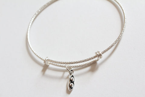 Sterling Silver Bracelet with Sterling Silver Two Peas in a Pod Charm, Two Peas in a Pod Charm Bracelet, Pea Pod Bracelet, Pea Pod Charm