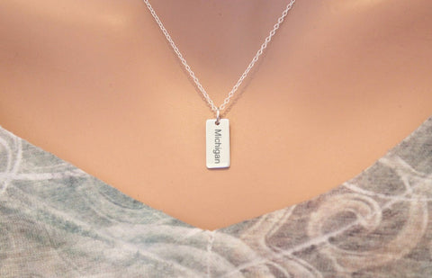 Sterling Silver Michigan Charm Necklace, Choose Your Font, Custom Michigan Necklace, Michigan Pendant Necklace, Michigan State Necklace