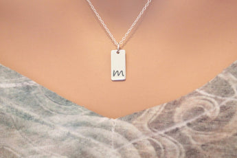 Lowercase Initial M Bar Necklace, Sterling Silver Small Letter M Charm Necklace, Engraved Initial M Pendant Necklace, Personalized Initial