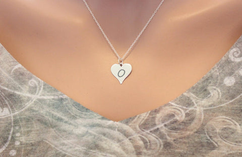 Sterling Silver Engraved O Charm Necklace, O Pendant Necklace, Letter O Heart Necklace, Initial O Necklace Silver, Initial Necklace Silver