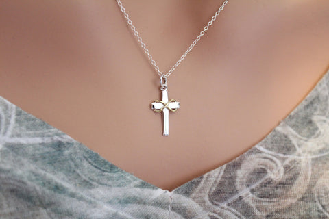 Sterling Silver Cross Necklace with Bronze Infinity, Silver Cross Charm with Bronze Infinity Symbol Necklace, Cross Pendant Necklace, Cross