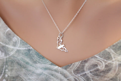 Sterling Silver Bat Charm Necklace, Sterling Silver Bat Charm - Openwork Halloween Charm Necklace, Bat Charm Necklace, Bat Openwork Necklace