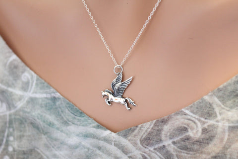 Sterling Silver Pegasus Charm - Flying Horse Charm Necklace, Silver Pegasus Charm Necklace, Pegasus Pendant Necklace, Flying Horse Necklace