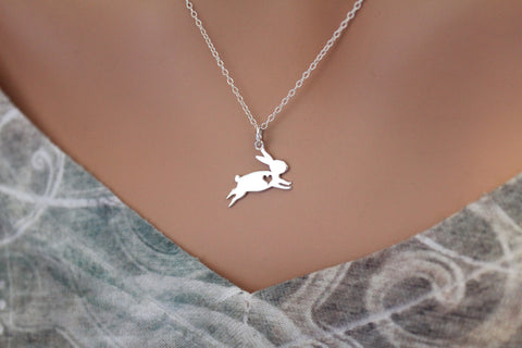 Sterling Silver Bunny Charm with Heart Cutout Necklace, Silver Bunny Charm with Heart Necklace, Bunny Pendant with Heart Necklace