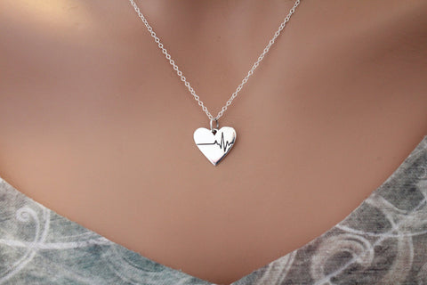 Sterling Silver Heart Heartbeat Charm Necklace, Silver Heart Heartbeat Pendant Necklace, Beautiful Silver Heartbeat Heart Necklace
