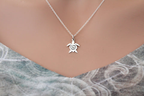 Sterling Silver Sea Turtle Charm with Spiral Necklace, Silver Sea Turtle Charm with Spiral Necklace, Silver Sea Turtle Necklace