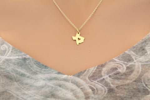 Gold Texas Necklace with Heart Cutout, 24K Gold Plated Texas Charm with Heart Necklace, Gold Texas Charm Necklace, Gold Texas Necklace