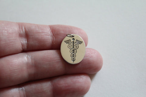 Sterling Silver Medic Staff Charm Etched Oval Disk, Silver Medic Staff Charm Etched Oval Disk Pendant, Medic Staff Pendant, Doctor Charm