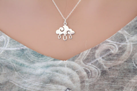 Sterling Silver Cloud with Raindrops Necklace, Silver Raincloud Necklace, Silver Cloud with Raindrops Pendant, Silver Raincloud Pendant