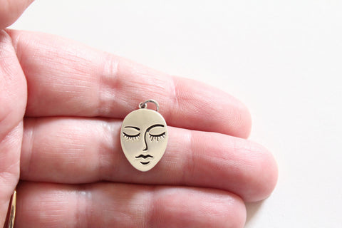 Sterling Silver Stylized Etched Face Charm Pendant, Stylized Etched Face Charm, Etched Female Face Pendant, Silver Etched Face Charm