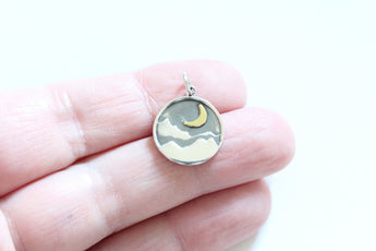 Sterling Silver Mountain Charm with Bronze Crescent Moon, Sterling Silver Mountain Pendant with Bronze Crescent Moon, Silver Mountain Charm