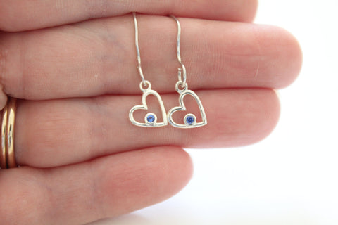 Sterling Silver Birthstone Heart September Sapphire Crystal Earrings, Birthstone Heart September Blue Gem Earrings, Blue Gem Earrings