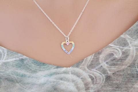 Sterling Silver Rainbow Heart Charm with Nano Gems Necklace, Silver Rainbow Heart Charm with Nano Gems Necklace, Rainbow Heart Gem Necklace