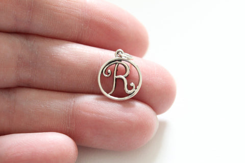 Sterling Silver Rustic Cursive Initial Charm Letter R Charm, Silver Rustsic Cursive Letter R Pendant,  Silver Cursive Letter R Charm