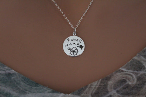 Sterling Silver Hawaii Charm on a Disk Necklace, Silver Hawaii Pendant Necklace, Hawaii State Charm Necklace, Silver Hawaii Necklace