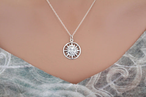 Sterling Silver Smiling Sun Charm Necklace, Silver Smiling Sun Charm Necklace, Smiling Sun Charm Necklace, Smiling Sun Pendant Necklace