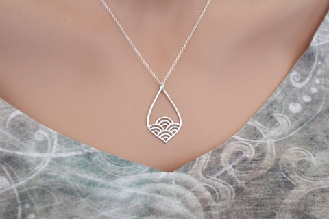 Sterling Silver Teardrop Charm with Wave Pattern Necklace, Silver Teardrop Charm with Wave Pattern Necklace, Wave Pattern Teardrop Necklace