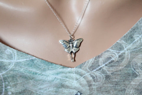 Sterling Silver Luna Moth Pendant Necklace, Moth Necklace, Silver Moth Charm Necklace, Moth Charm Necklace, Silver Moth Necklace, Moth Charm