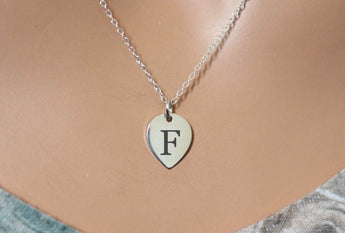 Sterling Silver Engraved F Teardrop Charm Necklace, Silver Personalized F Lotus Petal Charm Necklace, Initial F Necklace, Letter F Necklace
