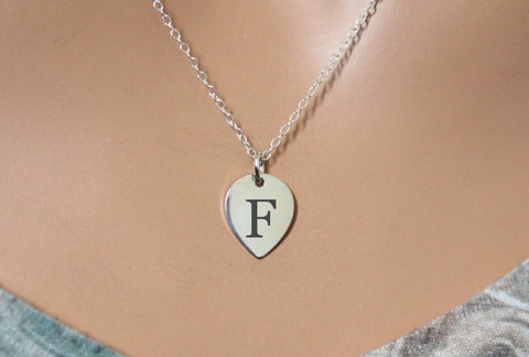 Sterling Silver Engraved F Teardrop Charm Necklace, Silver Personalized F Lotus Petal Charm Necklace, Initial F Necklace, Letter F Necklace