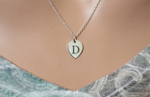 Sterling Silver Engraved D Teardrop Charm Necklace, Silver Personalized D Lotus Petal Charm Necklace, Initial D Necklace, Letter D Necklace