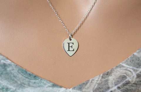 Sterling Silver Engraved E Teardrop Charm Necklace, Silver Personalized E Lotus Petal Charm Necklace, Initial E Necklace, Letter E Necklace