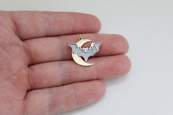 Sterling Silver Layered Bat with Bronze Crescent Moon Charm, Sterling Silver Layered Bay with Bronze Crescent Moon, Bat with Moon Charm
